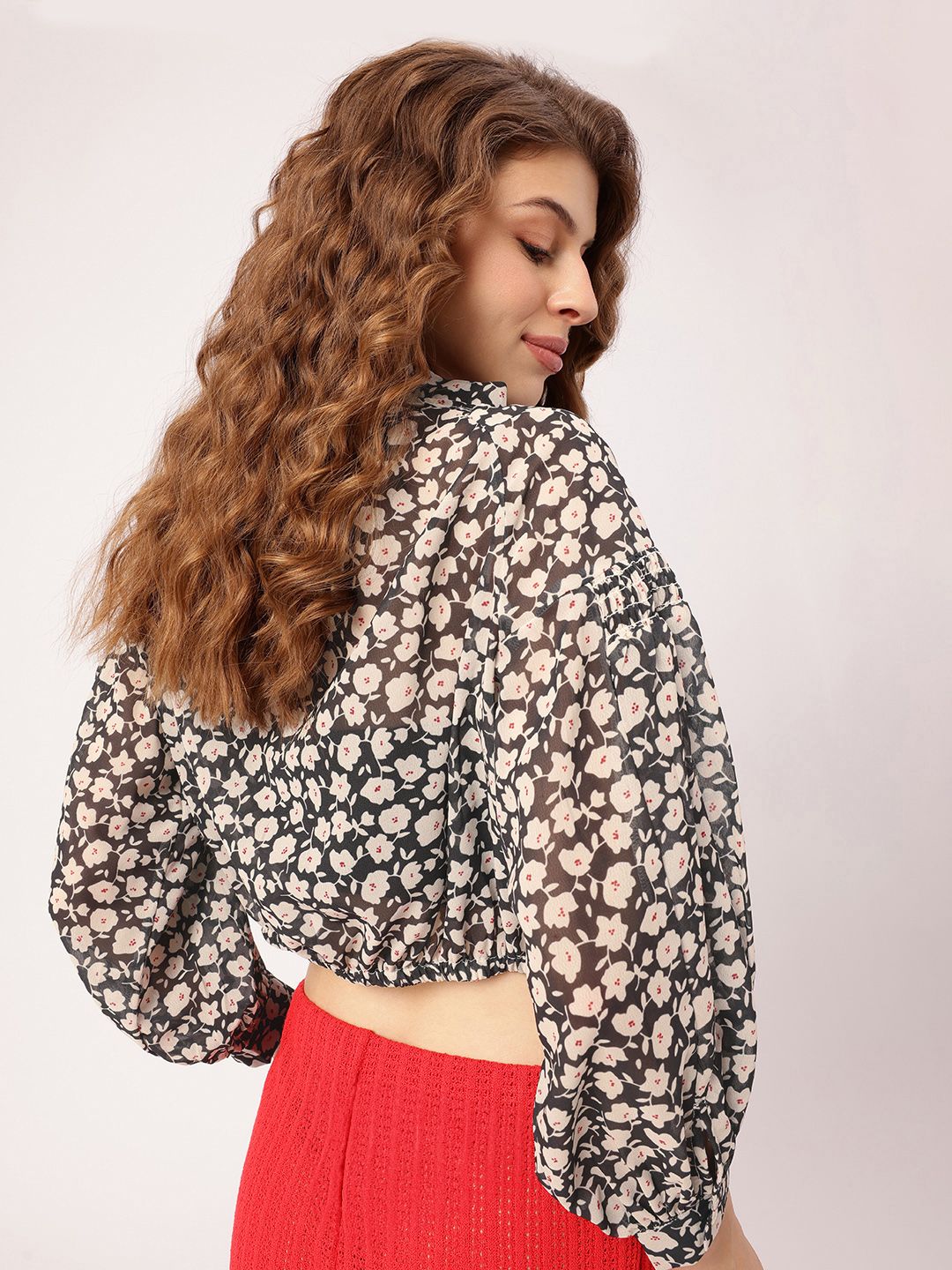 DressBerry Floral & Fabulous Holiday Fetish Printed Smocked Shirt Style Crop Top