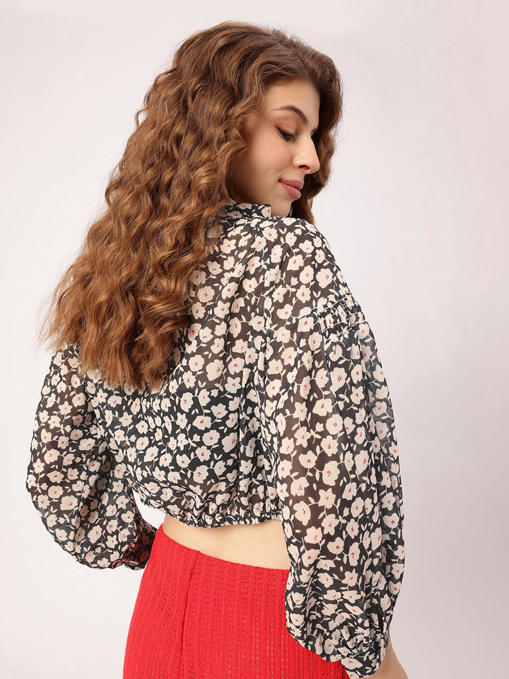 DressBerry Floral & Fabulous Holiday Fetish Printed Smocked Shirt Style Crop Top