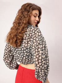DressBerry Floral & Fabulous Holiday Fetish Printed Smocked Shirt Style Crop Top