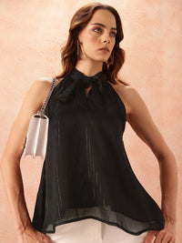 all about you Vertically Striped Knot Detail Halter Neck A-Line Top