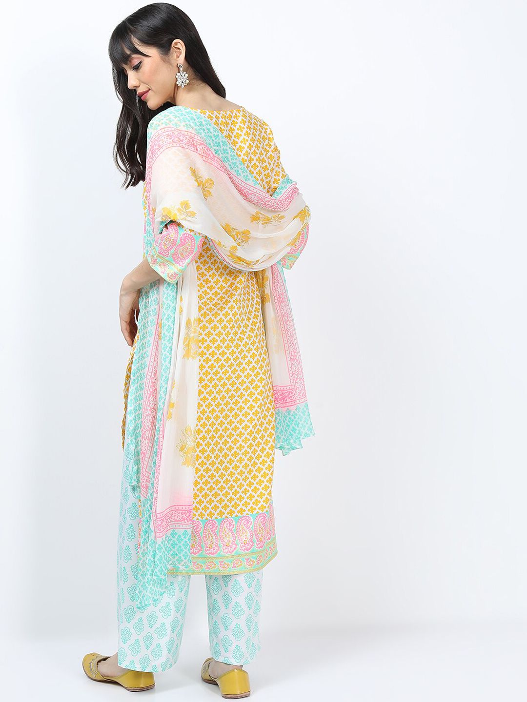 Vishudh Women Yellow Ethnic Motifs Printed Kurta with Palazzos With Dupatta