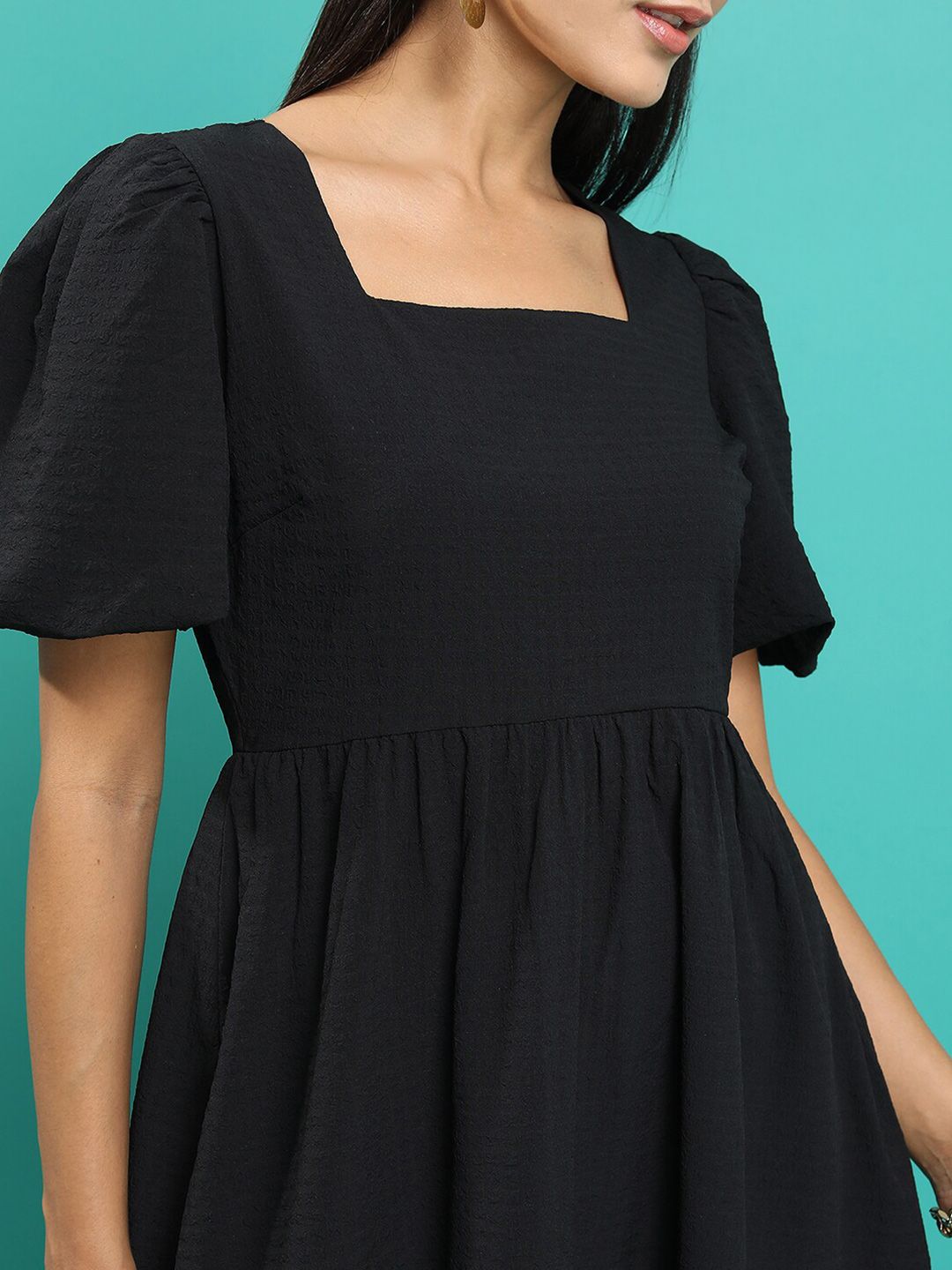 Tokyo Talkies Square Neck Puff Sleeve Gathered Fit & Flare Dress