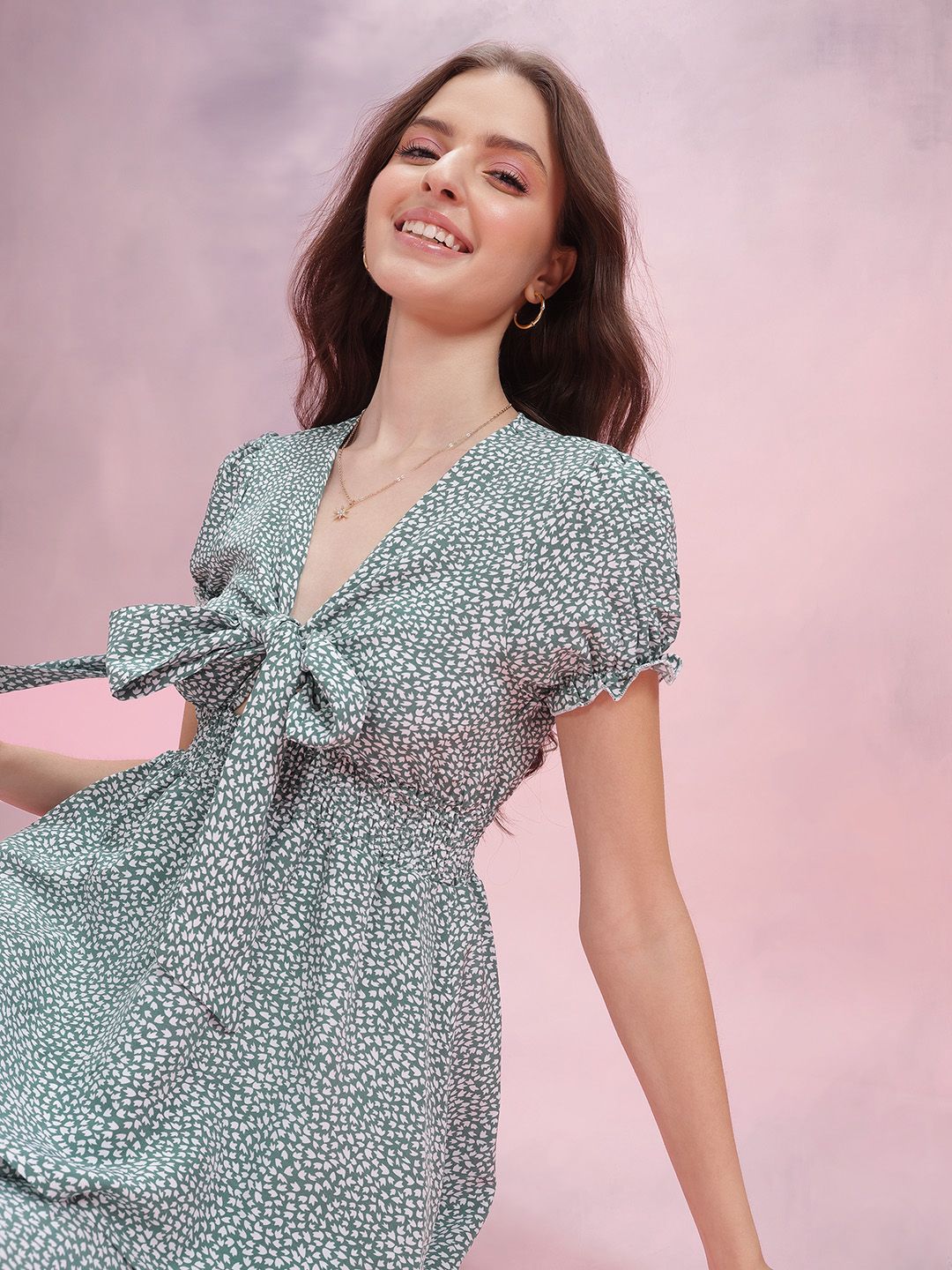 DressBerry Floral Printed Tie-Up Detail A-Line Dress