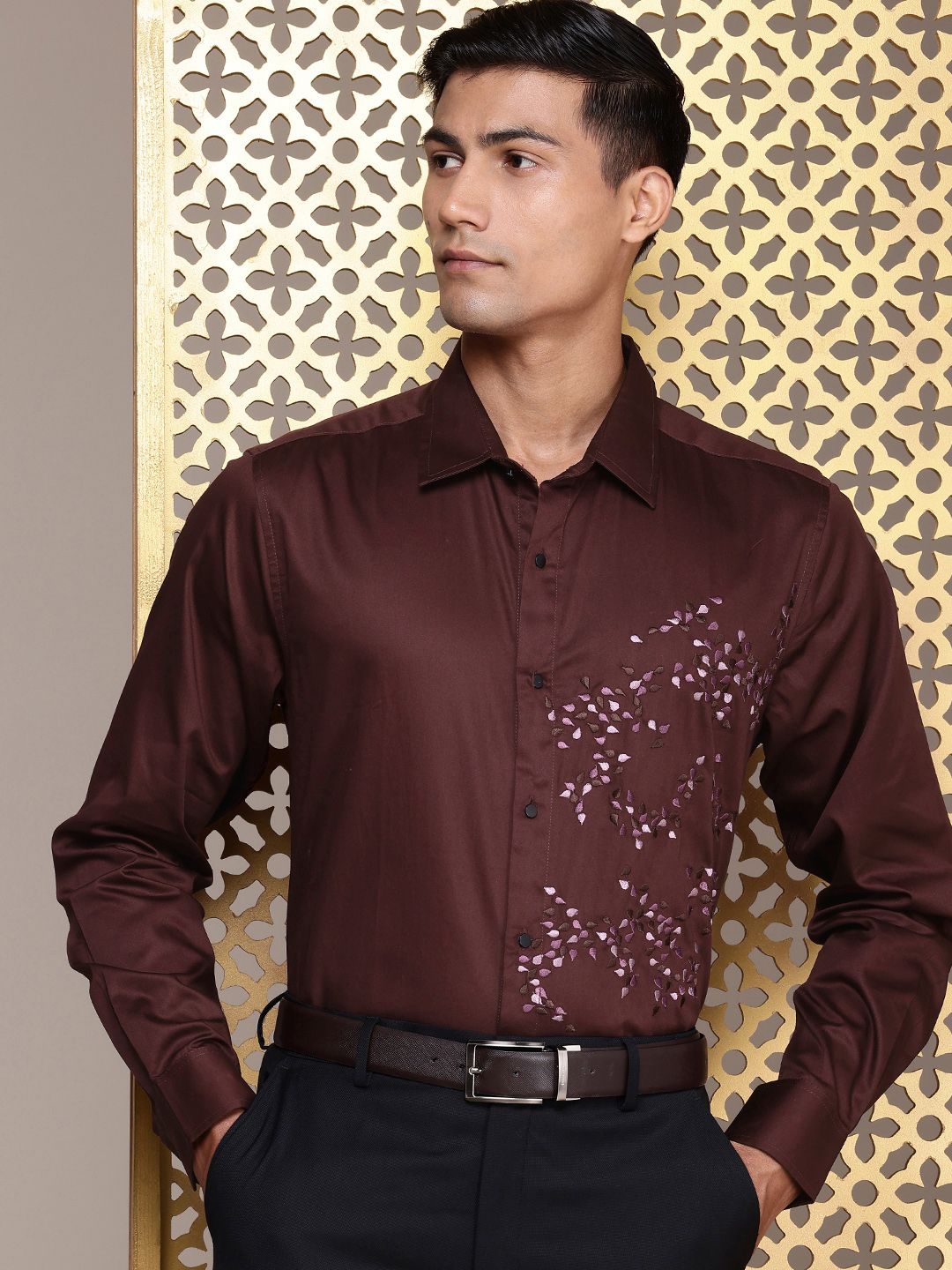 House of Pataudi Self Design Pure Cotton Opaque Party Shirt