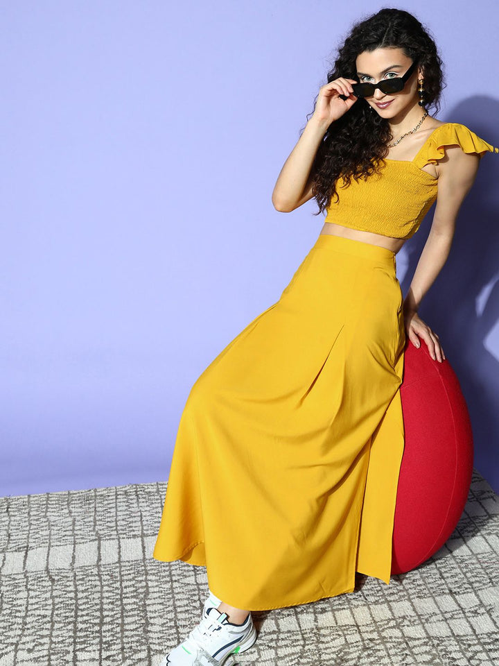 Berrylush Women Mustard Solid Top with Skirt