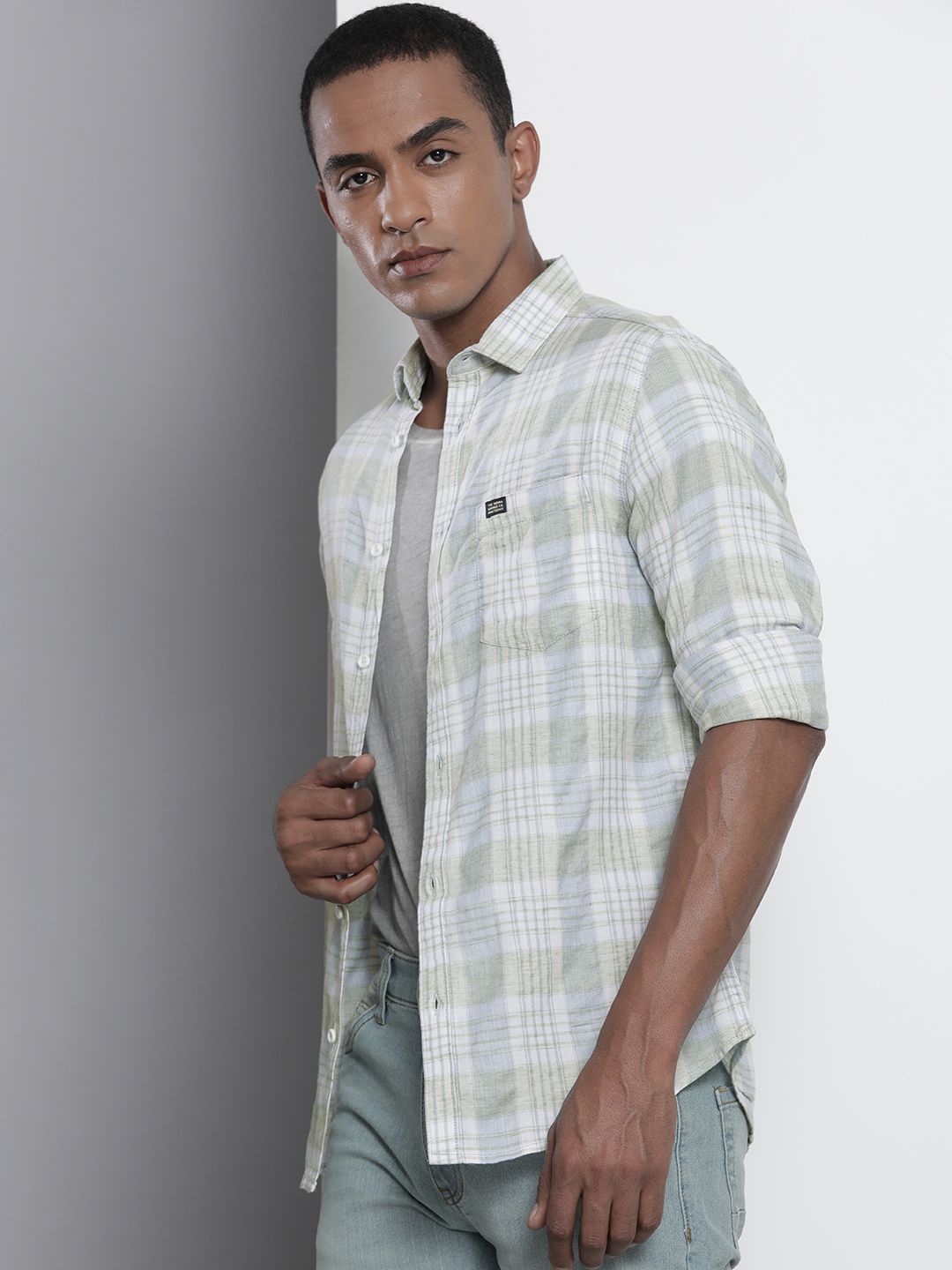 The Indian Garage Co Men Pista Green Regular Fit Opaque Checked Cotton Shirt with Pocket