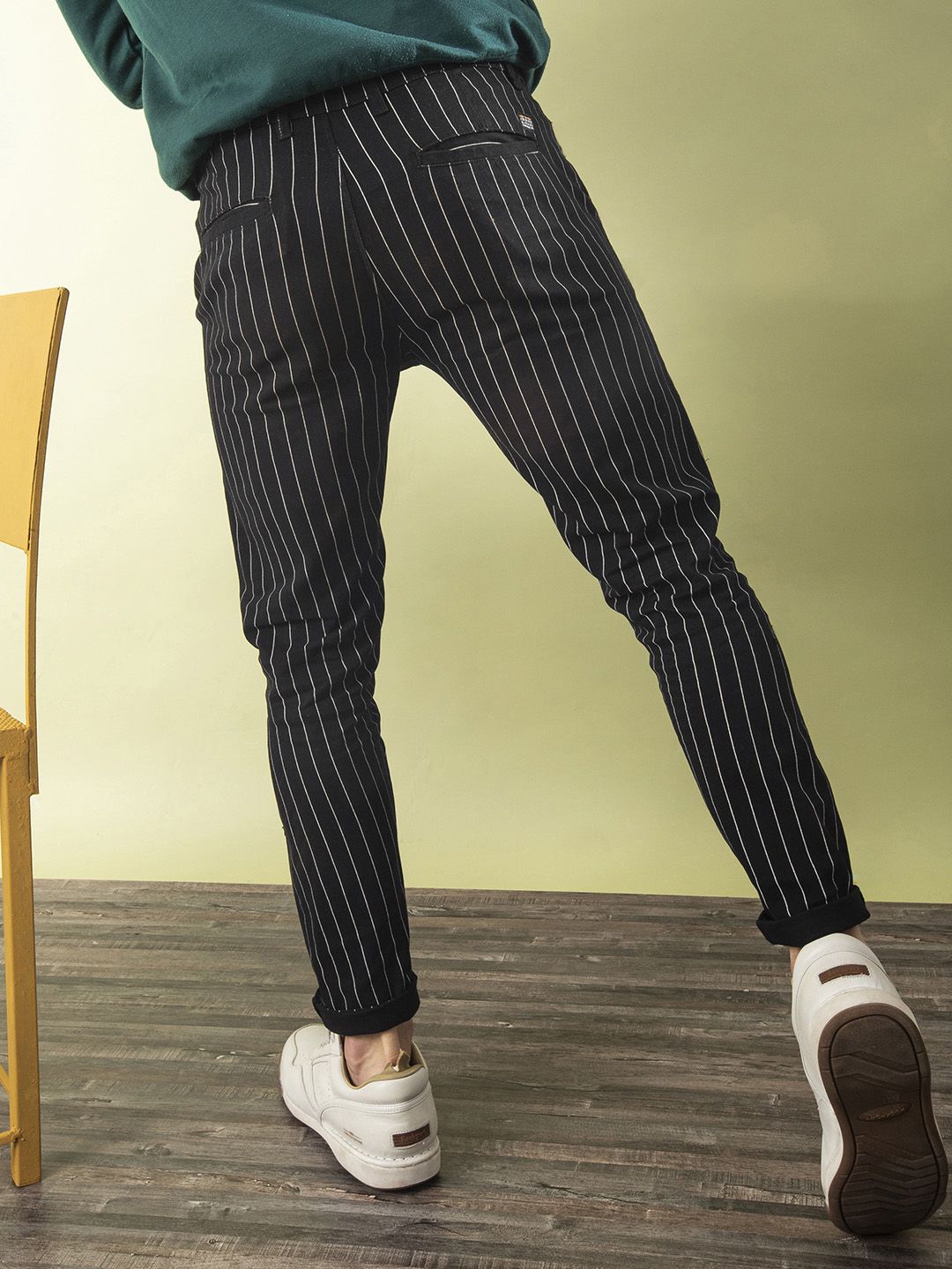 The Indian Garage Co Men Black & White Slim Fit Striped Regular Trousers