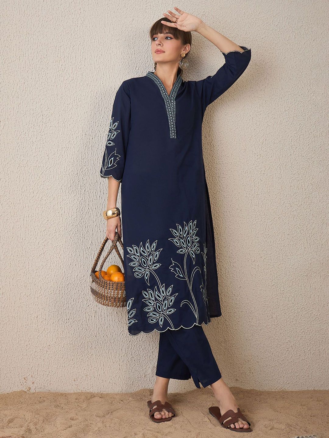 Indo Era Embroidered Three-Quarter Sleeves Pure Cotton Tunic With Trouser