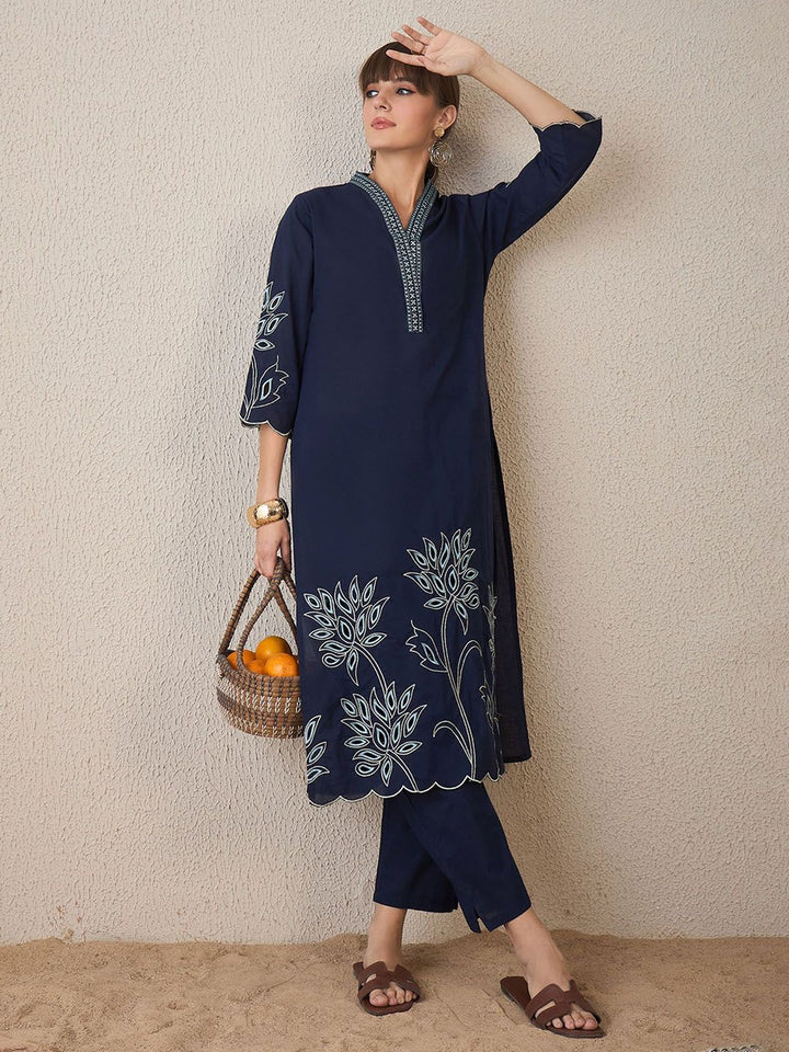 Indo Era Embroidered Three-Quarter Sleeves Pure Cotton Tunic With Trouser