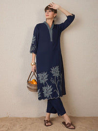 Indo Era Embroidered Three-Quarter Sleeves Pure Cotton Tunic With Trouser