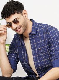 The Indian Garage Co Men Navy Blue & Grey Slim Fit Checked Casual Shirt