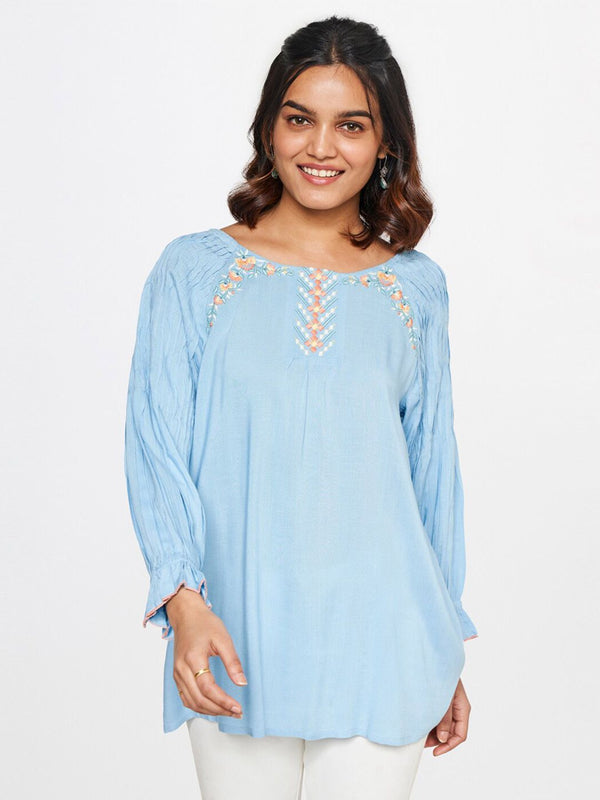 Global Desi Floral Printed Raglan Sleeves Pleated Top