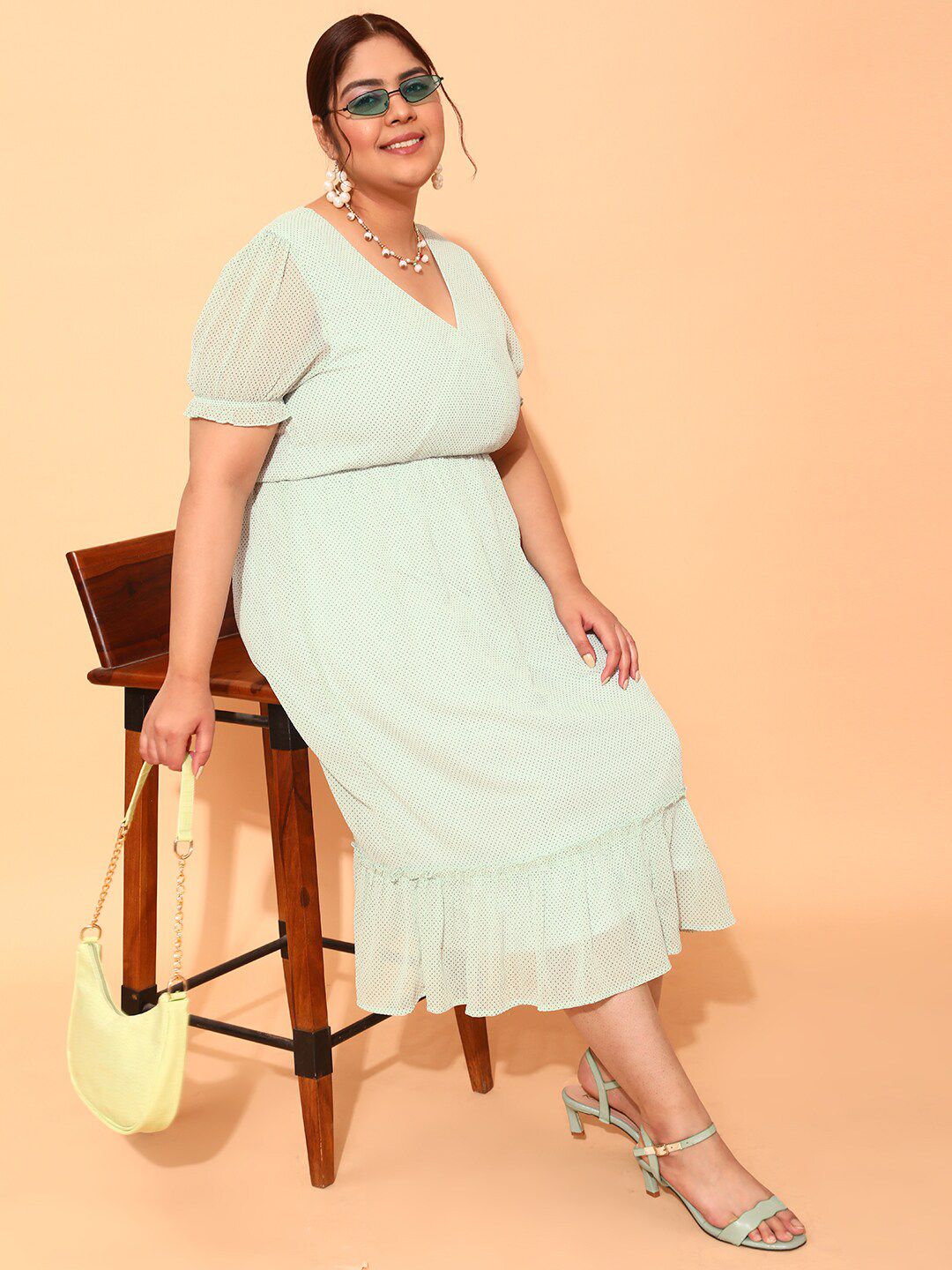 CURVY STREET Plus Size Sea Green & Black Polka Dot Printed Puff Sleeve A-Line Dress