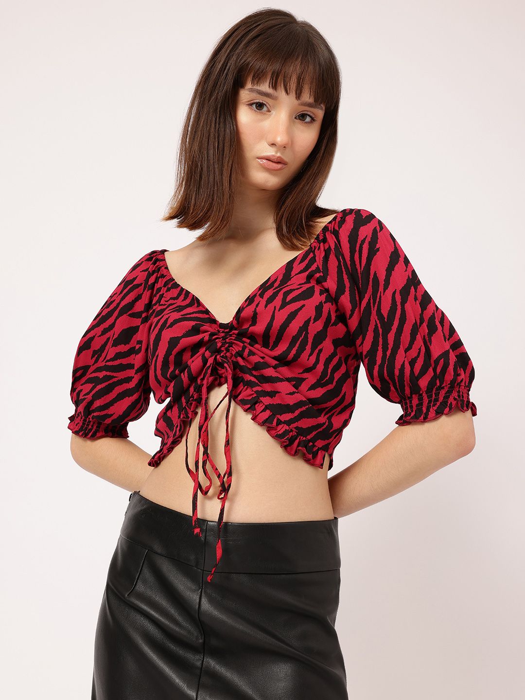 DressBerry Dramatic & Striking Animal Printed Tie-Up Crop Ruched Top