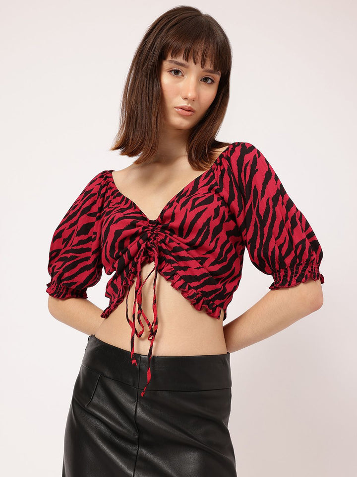 DressBerry Dramatic & Striking Animal Printed Tie-Up Crop Ruched Top