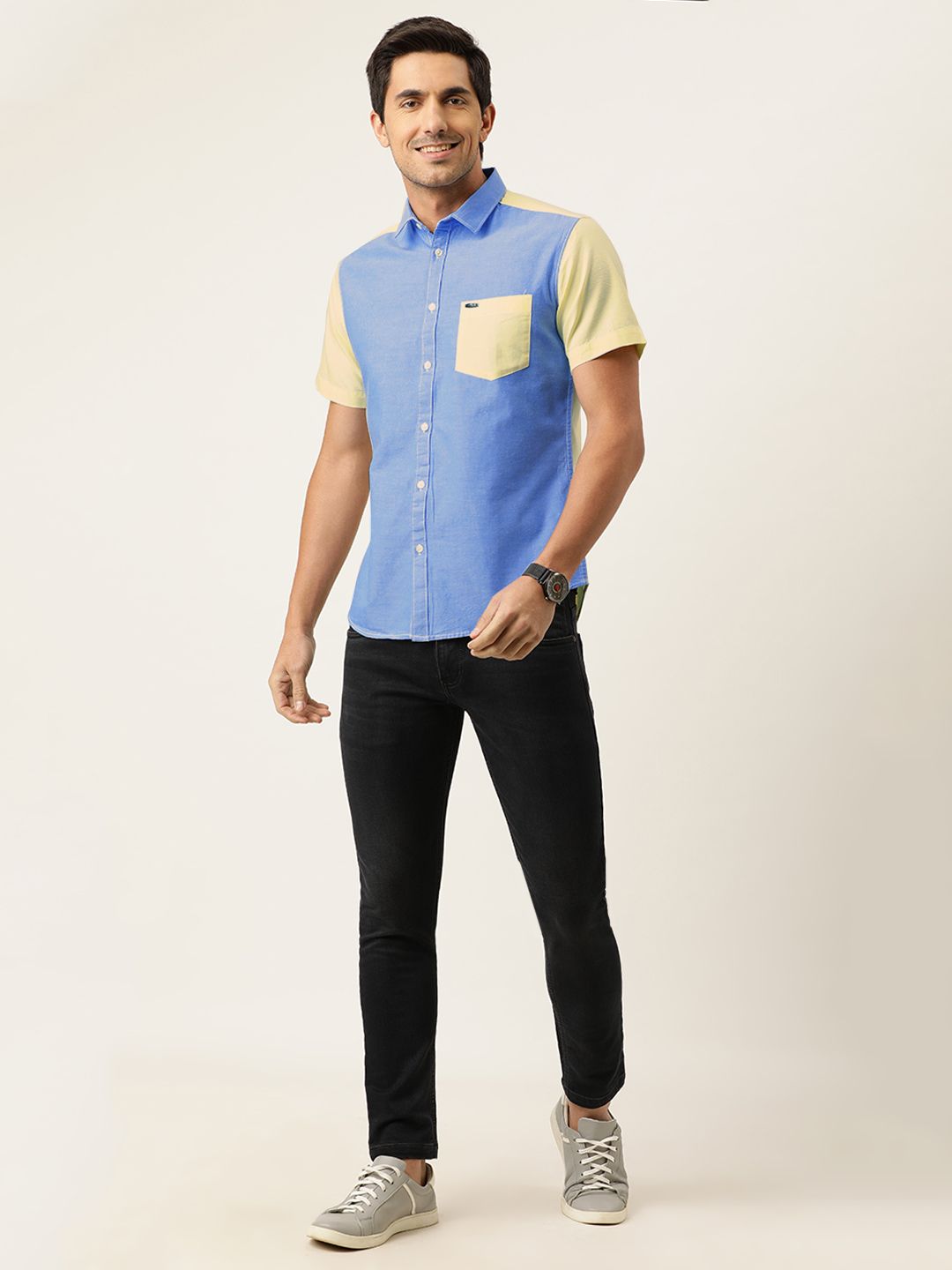 The Indian Garage Co Men Blue & Yellow Slim Fit Colourblocked Casual Shirt