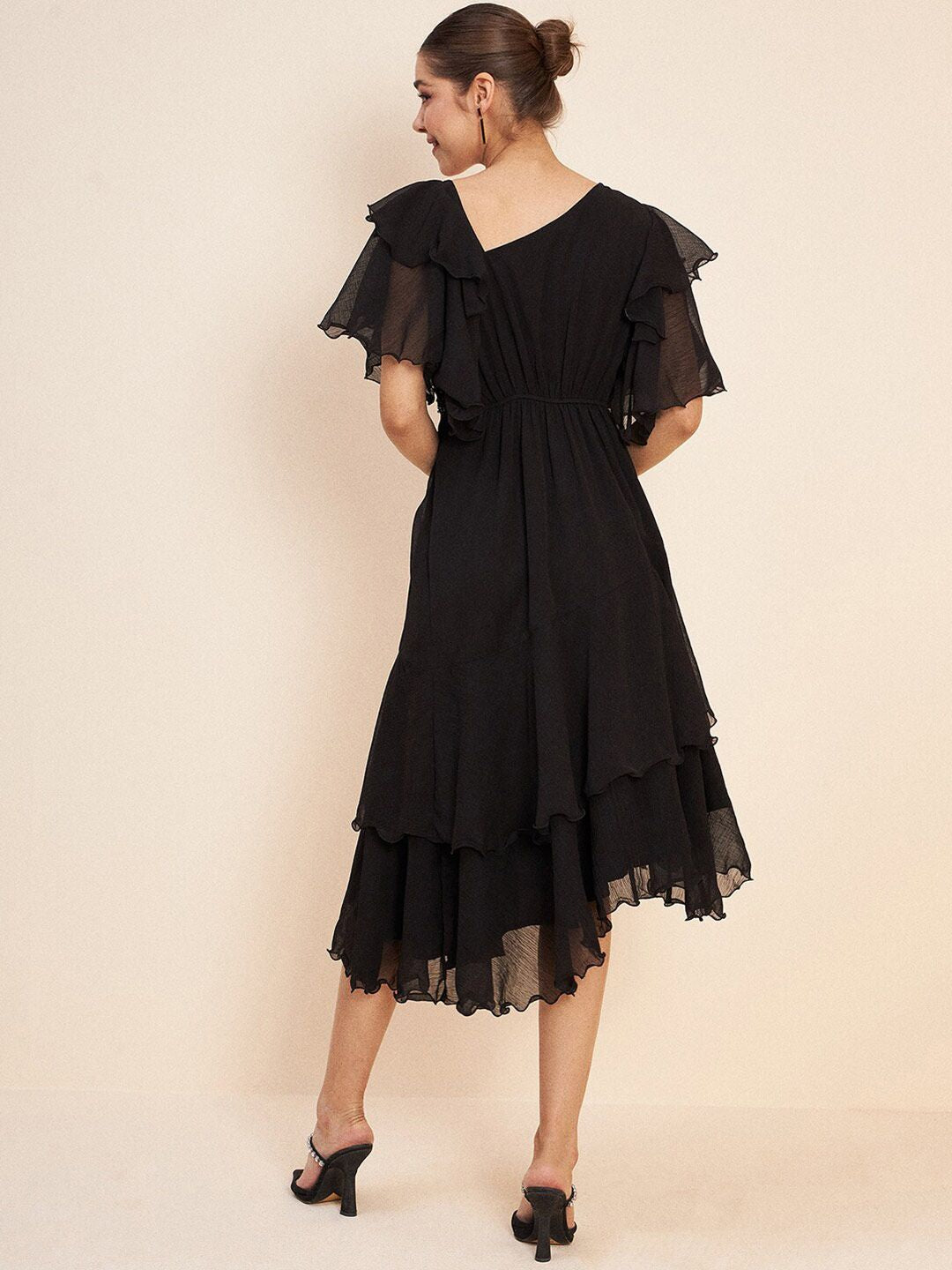 Antheaa Black V-Neck Flutter Sleeve Embellished Detail Fit & Flare Dress