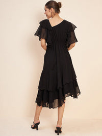 Antheaa Black V-Neck Flutter Sleeve Embellished Detail Fit & Flare Dress