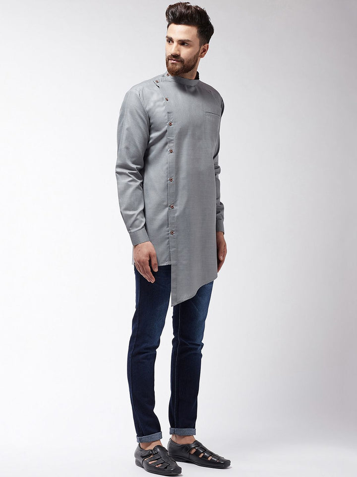SOJANYA Men Grey Solid Asymmetric Hemline Straight Kurta