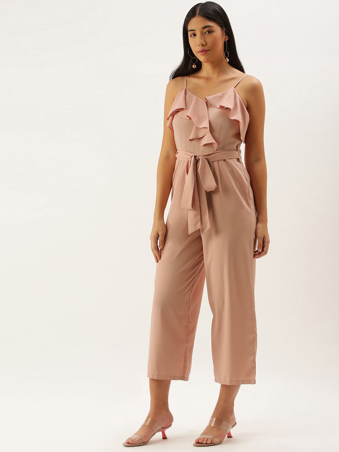 Berrylush Women Coral Pink Solid Ruffled Basic Jumpsuit