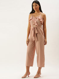 Berrylush Women Coral Pink Solid Ruffled Basic Jumpsuit