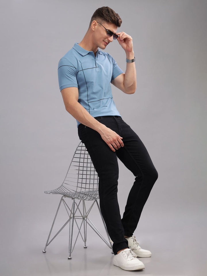ADRO Geometric Printed Polo Collar Short Sleeves Cotton Oversized Casual T-shirt