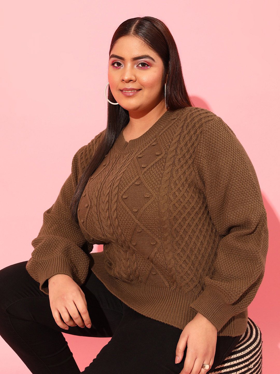 CURVY STREET Plus Size Women Brown Cable Knit Acrylic Pullover