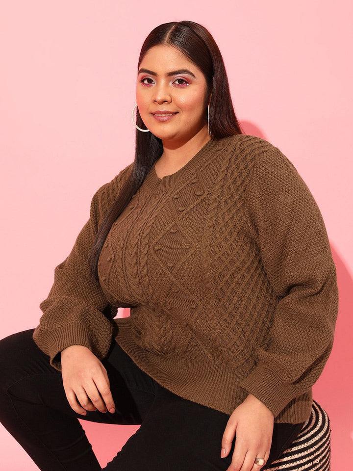 CURVY STREET Plus Size Women Brown Cable Knit Acrylic Pullover