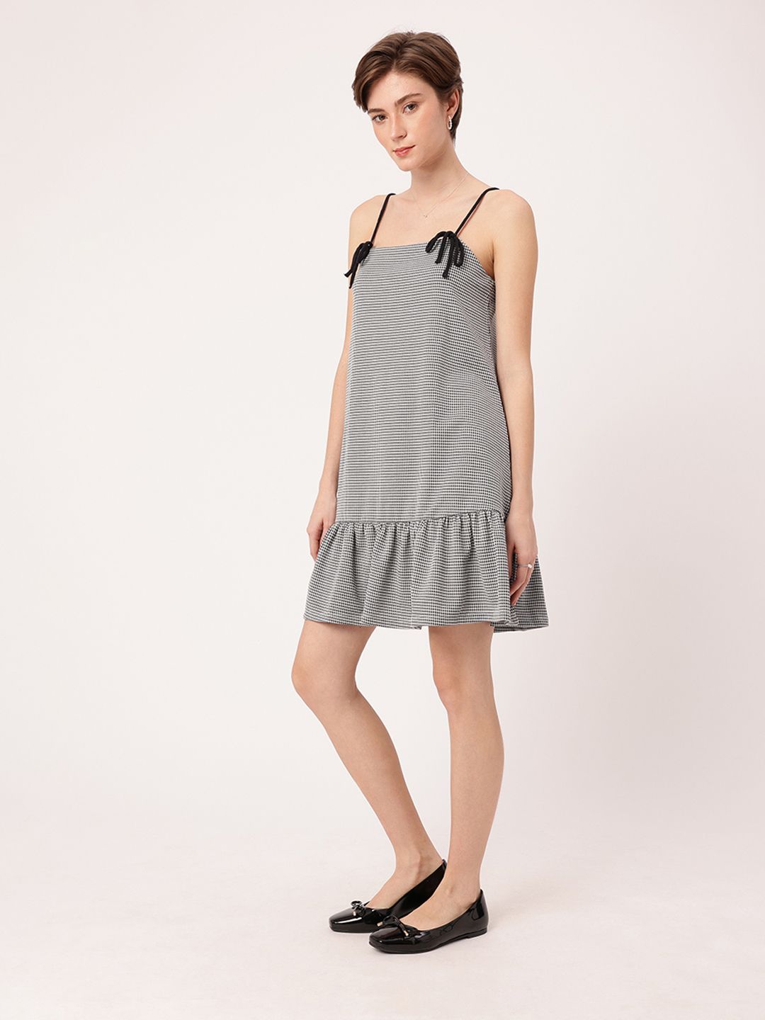 DressBerry Girly Touch Monochrome Strappy Bows Checked A-Line Mini Dress