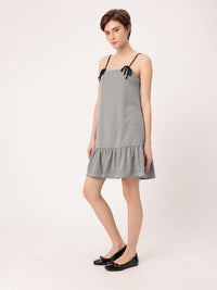 DressBerry Girly Touch Monochrome Strappy Bows Checked A-Line Mini Dress