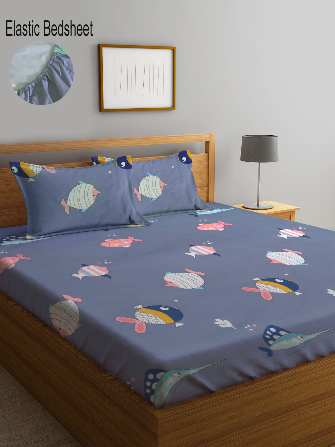 KLOTTHE Grey Conversational Cotton 210 TC Fitted King Fine Bedsheet dengan 2 Sarung Bantal-98 x 87 inci