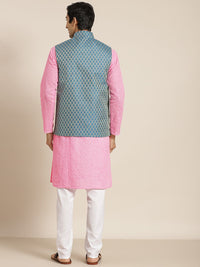 SOJANYA Men Pink Chikankari Pure Cotton Kurta with Churidar & Nehru Jacket