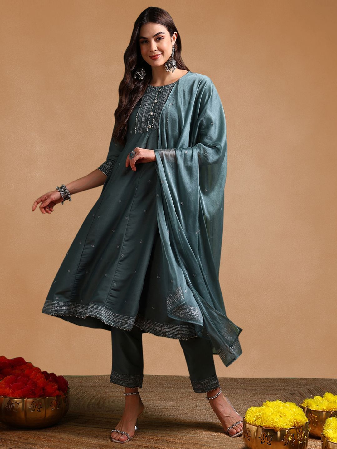 KALINI Ethnic Motifs Printed Round Neck Gotta Patti Empire Kurta With Trouser & Dupatta