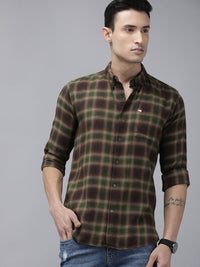 THE BEAR HOUSE Men Brown and Green Tartan Checks Slim Fit Casual Shirt