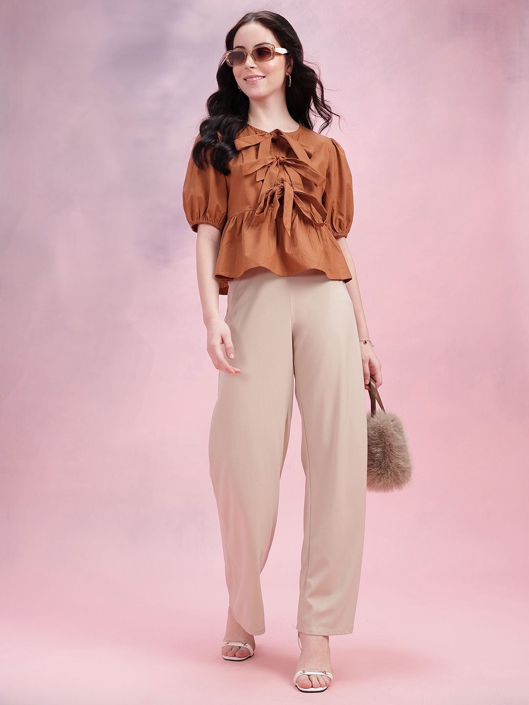 DressBerry Tie-Up Neck Puff Sleeve Cotton Top