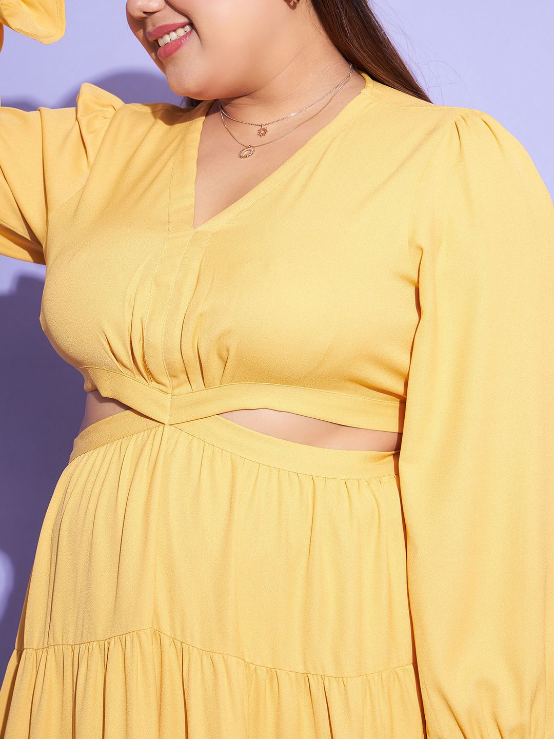 SASSAFRAS Curve Mustard Yellow Plus Size Cut-Out Detail Puff Sleeves Tiered Maxi Dress