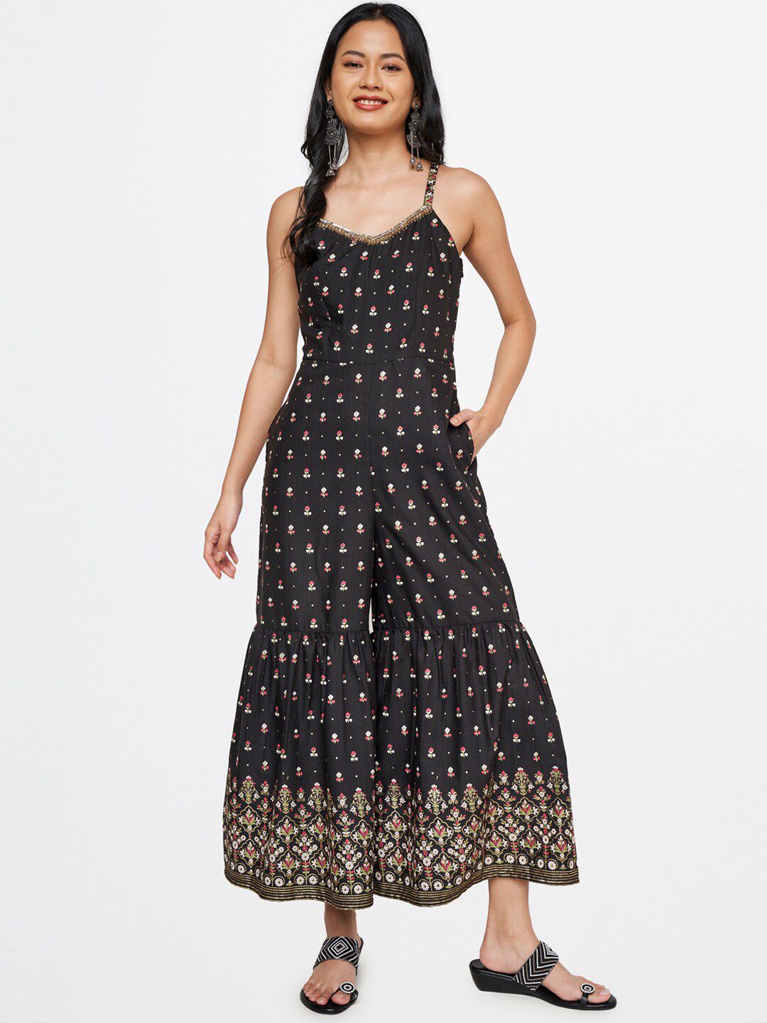 Global Desi Women Black & Gold-Toned Printed Basic Jumpsuit