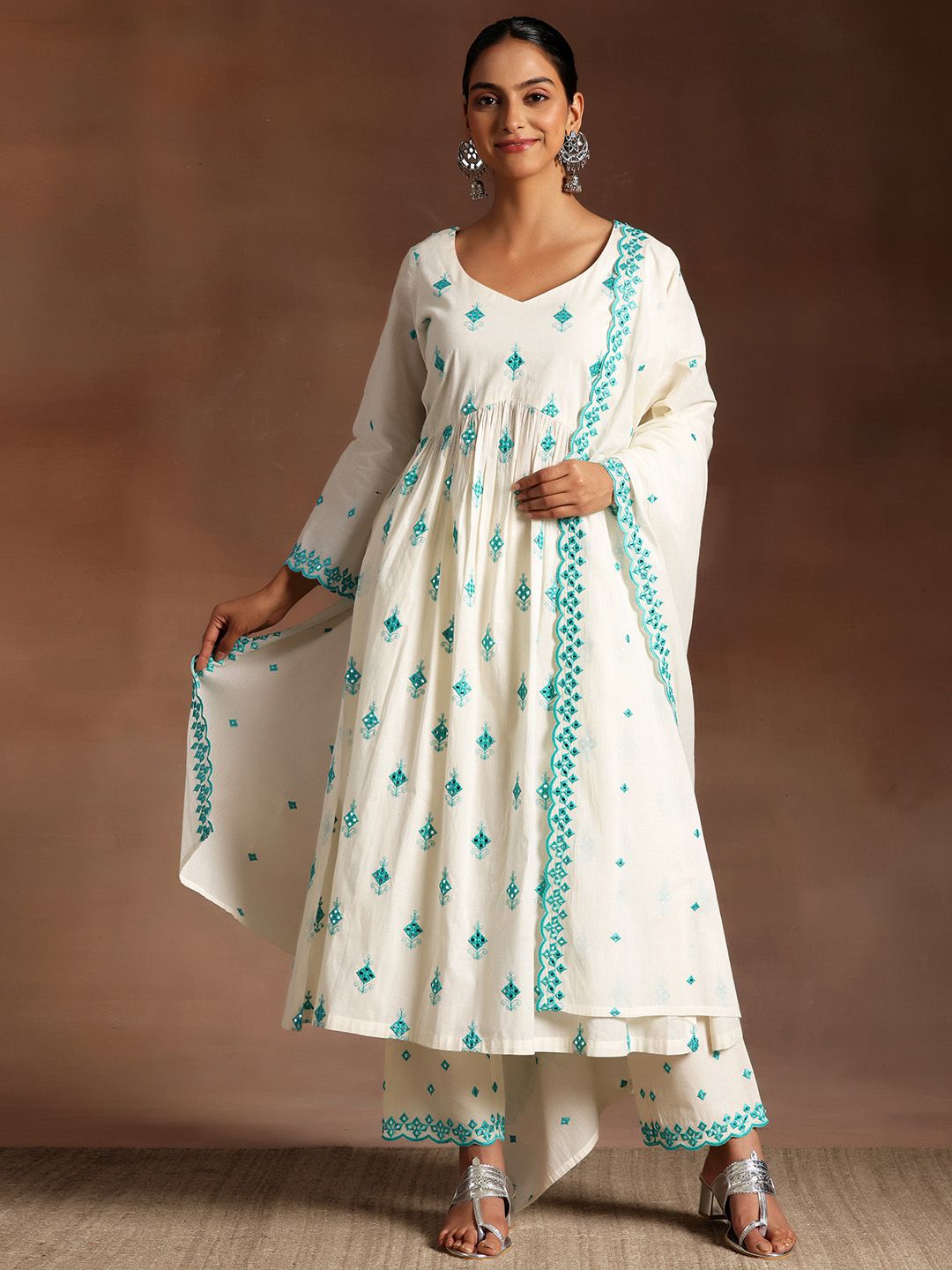 Libas Floral Embroidered Empire Thread Work Pure Cotton Kurta With Trousers & Dupatta