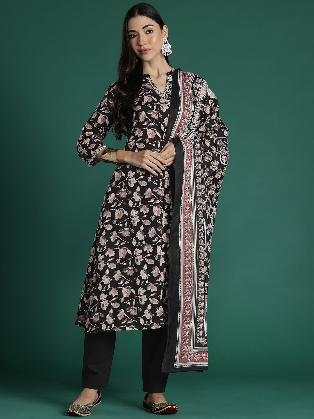 Indo Era Women Floral Printed Angrakha Pure Cotton Kurta with Trousers & With Dupatta