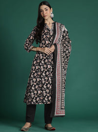 Indo Era Women Floral Printed Angrakha Pure Cotton Kurta with Trousers & With Dupatta
