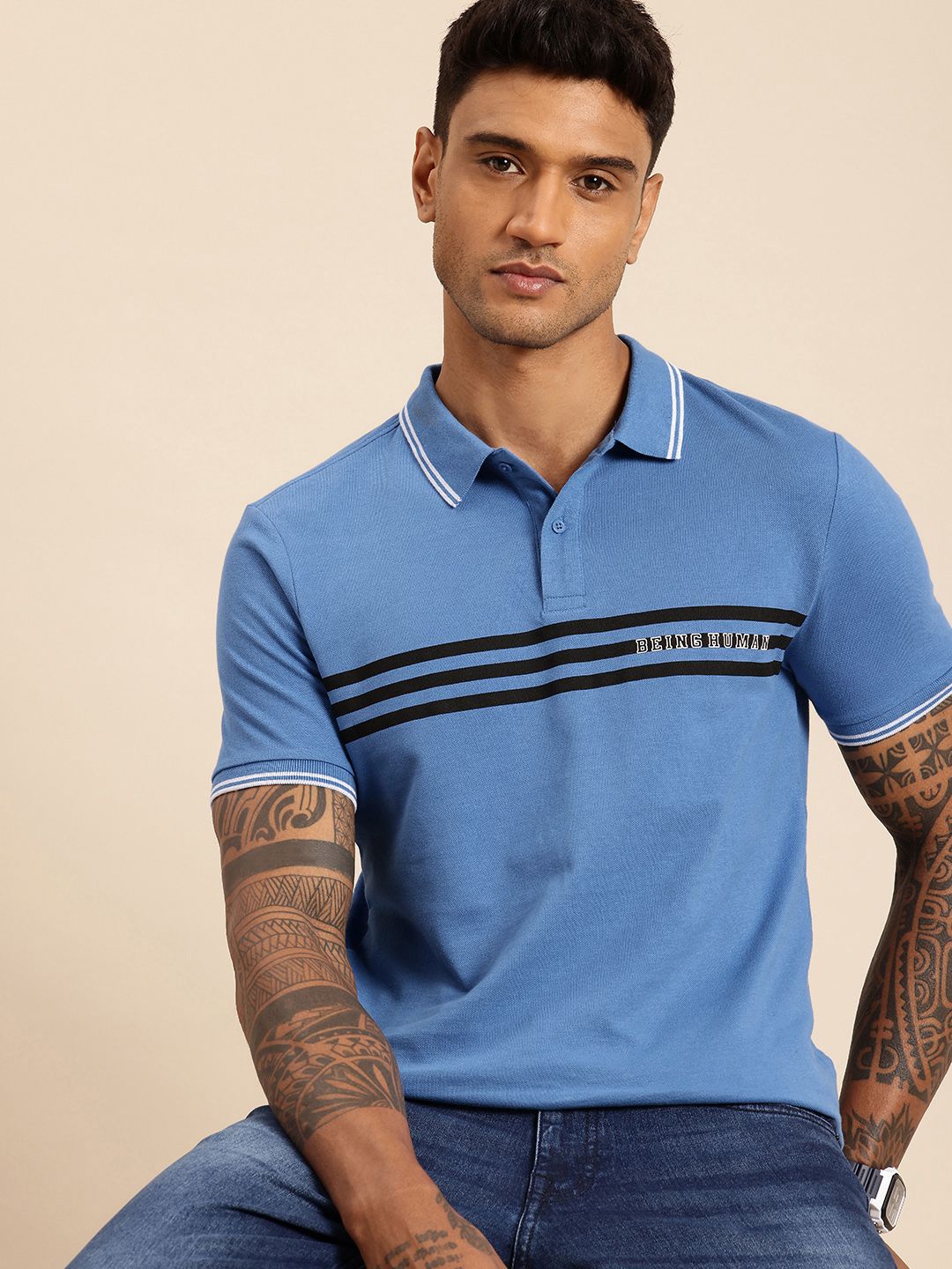 Being Human Pure Cotton Striped Polo Collar T-shirt
