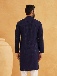 SOJANYA Men Navy Blue Embroidered Thread Work Kurta