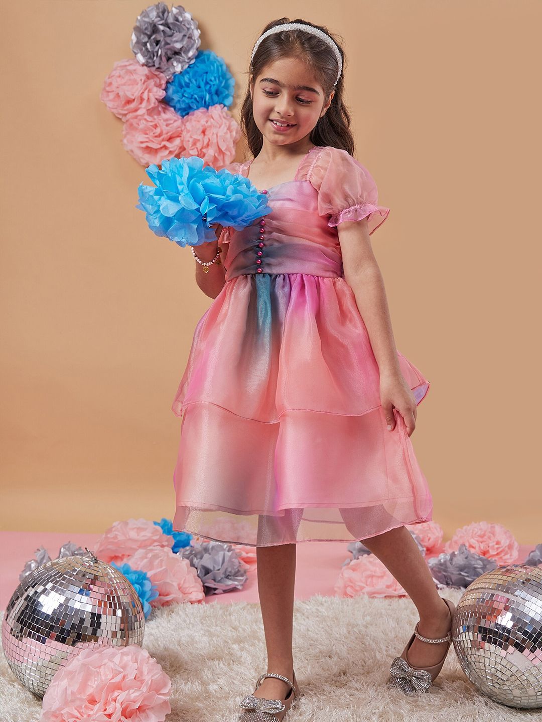 pspeaches Girls Square Neck Short Puff Sleeves Fit & Flare Dress