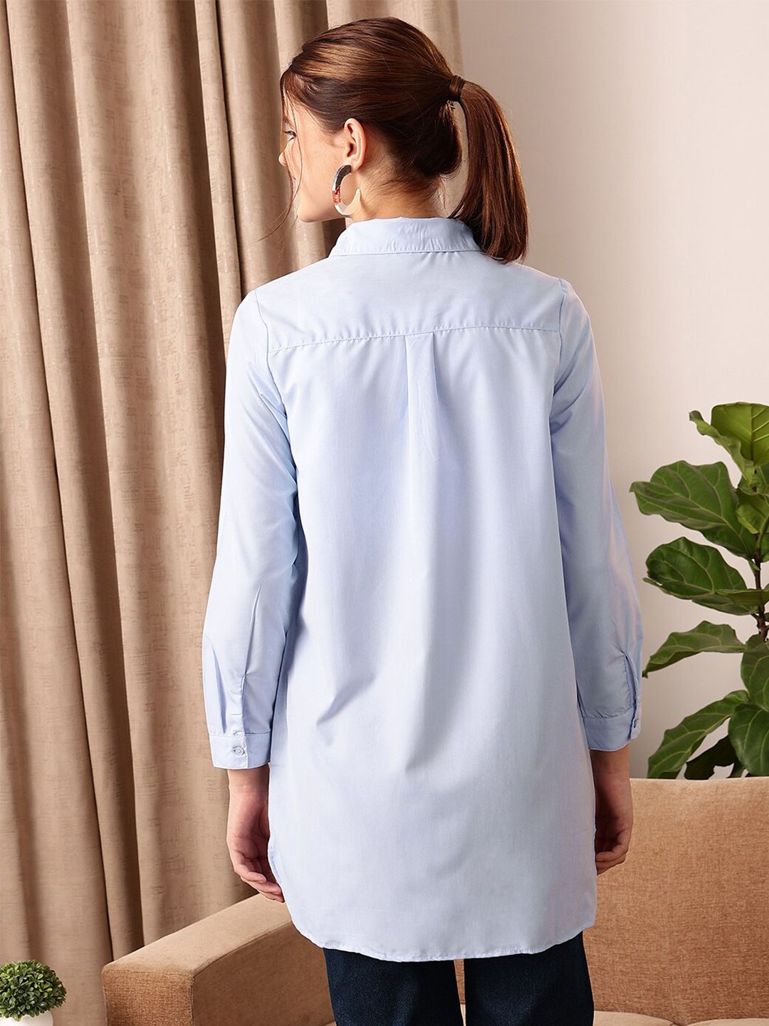 STREET 9 Blue Comfort Spread Collar Cotton Longline Oversized Casual Shirt