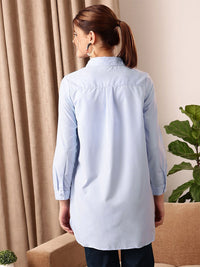 STREET 9 Blue Comfort Spread Collar Cotton Longline Oversized Casual Shirt