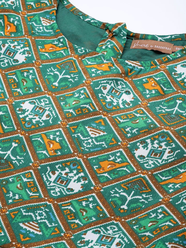 Shae by SASSAFRAS Green & White Ethnic Motifs Ethnic A-Line Midi Dress