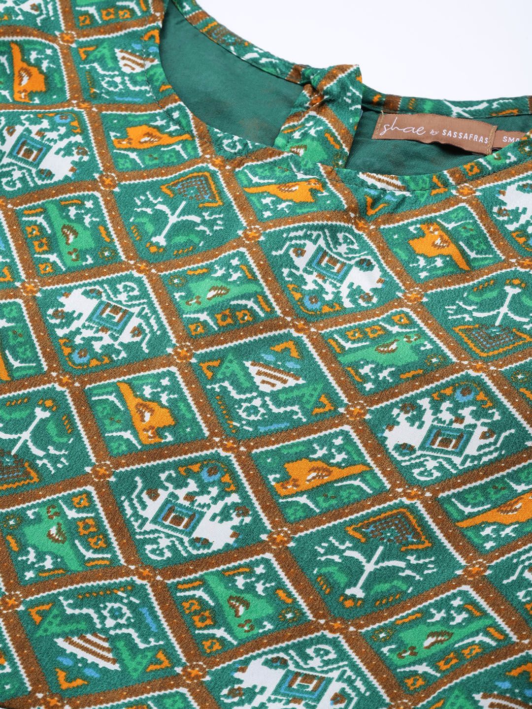 Shae by SASSAFRAS Green & White Ethnic Motifs Ethnic A-Line Midi Dress