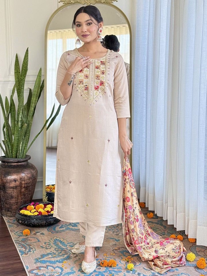 KALINI Floral Embroidered Sequnnied Straight Kurta With Trousers And Dupatta