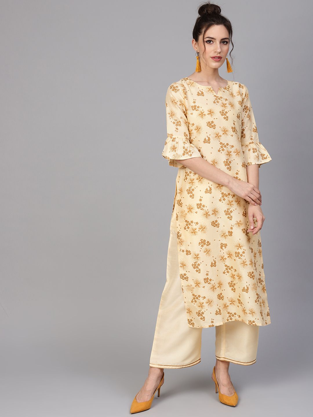 Gerua By Libas Women Cream-Coloured  Brown Block Print Kurta with Palazzos