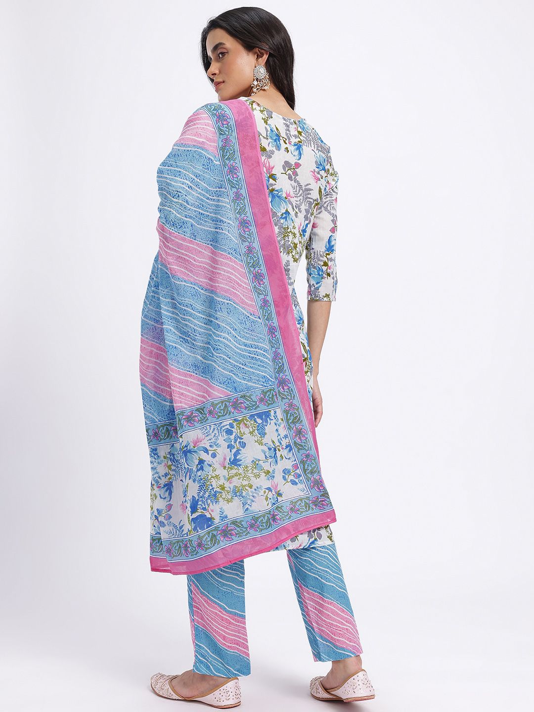 Anouk Floral Printed Pure Cotton Kurta dengan Seluar & Dupatta